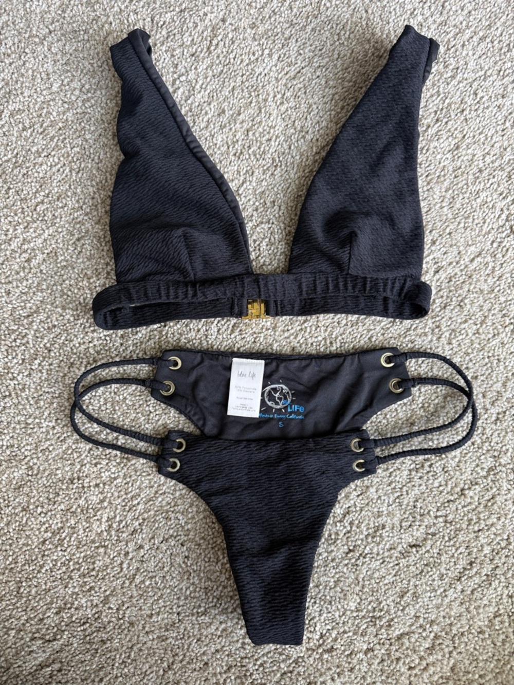 Blue Life Black Textured Triangle Bikini Set